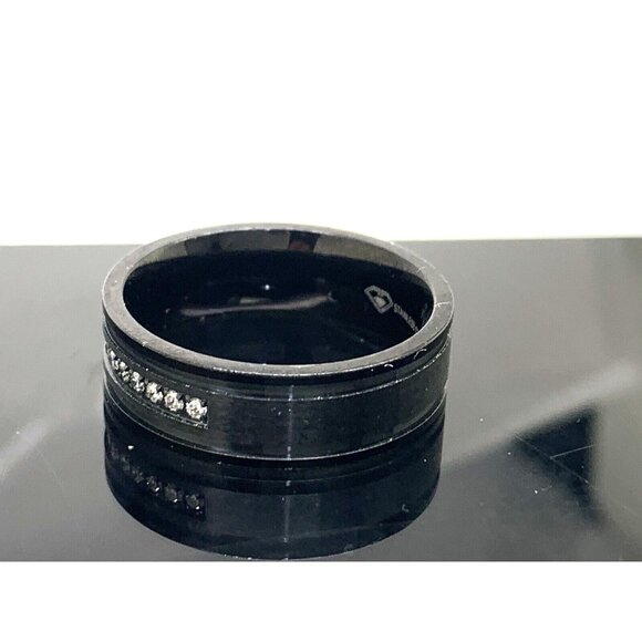 Men's Wedding Band Black Stainless Steel Diamond 7mm Wide Ring Size 8.25 - Picture 2 of 13